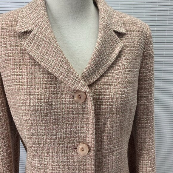 Le Suit 2 Piece Tweed Pastel Pink Tan Gold Accents Jacket & Skirt Suit Set Sz 8 - Picture 3 of 12